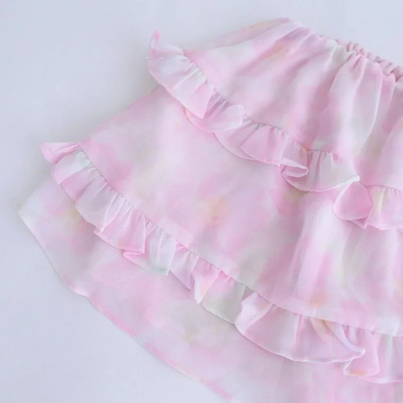 For Love And Lemons Pink & Cream Floral Ariana Layered Ruffle Mini Skirt S - Picture 10 of 10